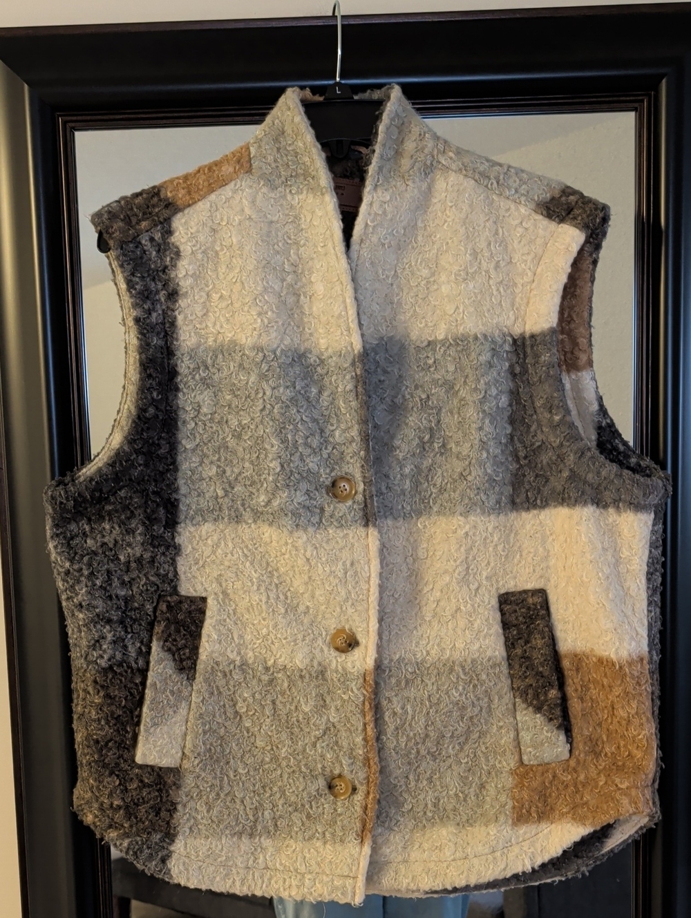 Blank NYC Cream, Gray and Tan Plaid Bouclé Vest
